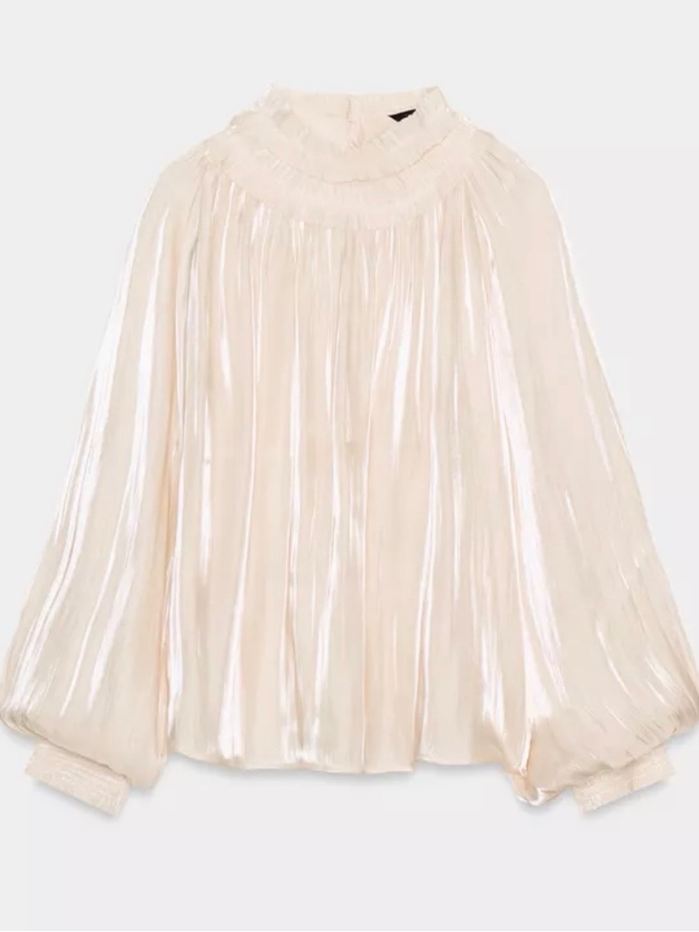 Women's SATIN EFFECT SHIMMER BLOUSE Cream Pleated High-Neck Blouse
